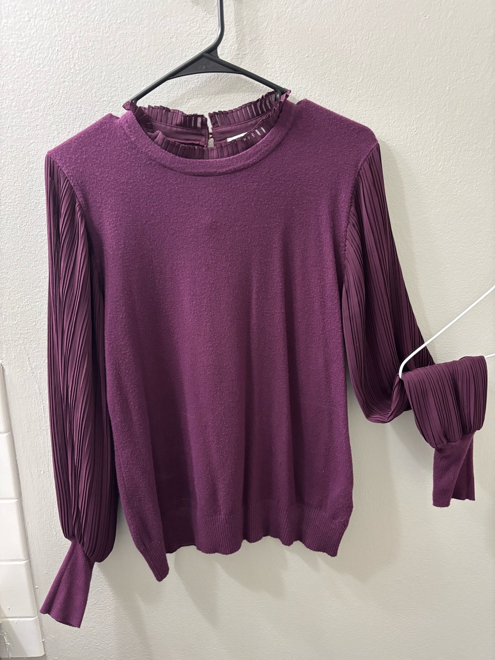 Sioni Plum Pleated-Sleeve Mock Neck Sweater